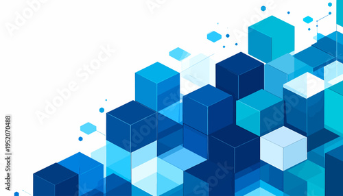 Abstract geometric background with blue, light blue, and white cubes in a receding pattern