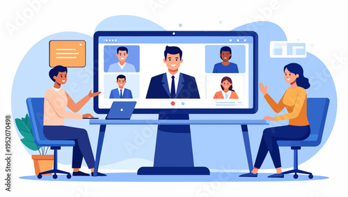 Professional team collaborating virtually in a dynamic online video conference meeting, connecting colleagues globally through modern communication technology