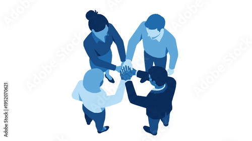 Team of four professionals in a motivational huddle flat vector design blue tones collaborative teamwork concept