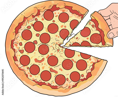 Hand reaches for a slice of pepperoni pizza from a round pizza on a white background in a kitchen setting during lunchtime