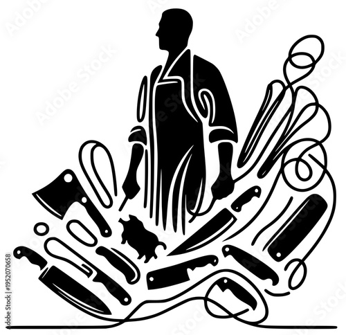 Stylized butcher silhouette with flying knives and cleavers vector illustration. Abstract black and white butchery design isolated on white background.