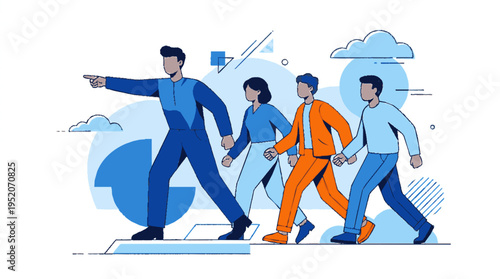 Business team walking together in harmony leadership and partnership concept modern vector illustration