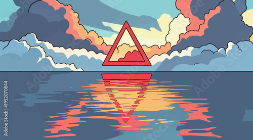 Colorful sunset over ocean with geometric shape in clouds reflecting on water surface during evening time