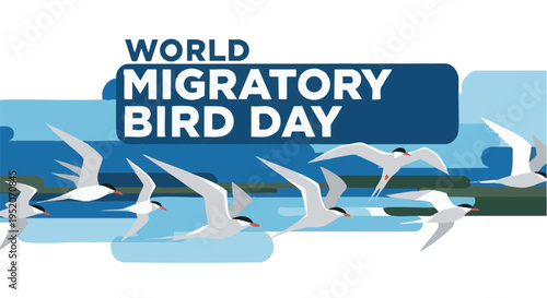 Flock of white birds flying over ocean in sunny daytime for World Migratory Bird Day conservation