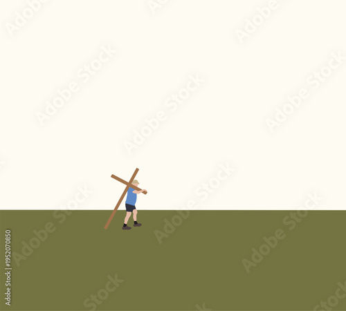 Man carry wooden cross walking on street. Torment and salvation Christianity symbol. Humanity expiation