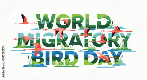World Migratory Bird Day eco friendly typography with flying birds in natural scenery for conservation awareness