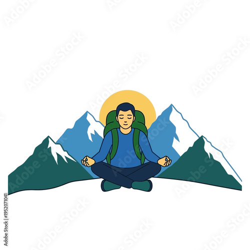 Person meditating with backpack in front of mountains and sun.