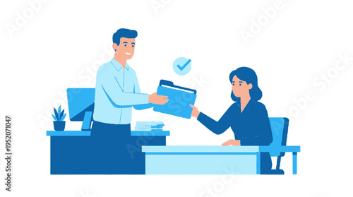 Business colleagues exchanging documents at desks in a vibrant blue office with modern furniture