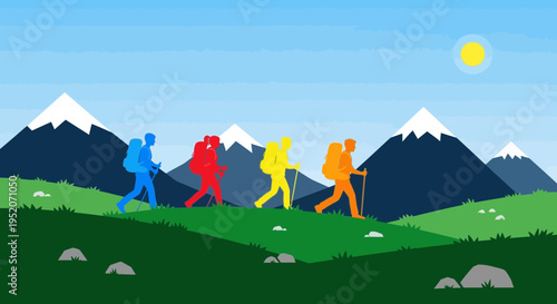 Colorful hikers trek across a green mountain landscape under a sunny sky.