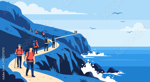 Hikers on a coastal path overlooking the ocean.