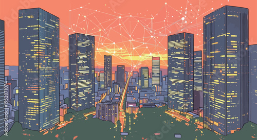 City skyline with tall buildings and sunset in the background shows digital connections in the air