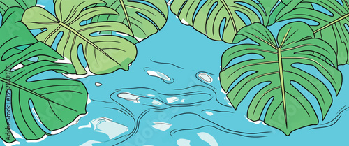 Bright green leaves float on clear water creating a vibrant scene in a natural setting during daytime