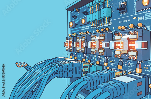 Wiring connections on a blue circuit board showing various components and cables in a tech workspace setting