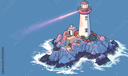 Lighthouse shines light on rocks and sea during night with calm water and bright sky