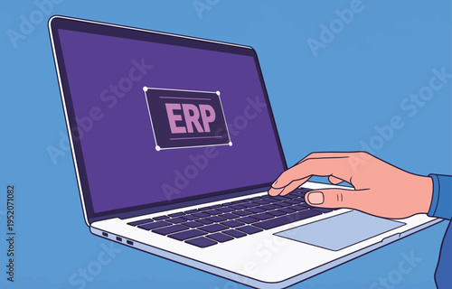Hand interacting with laptop showing ERP software on a blue background during a work session