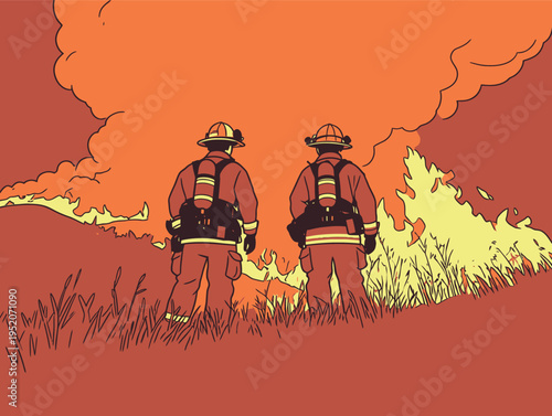 Firefighters respond to a wildfire in a forest during the evening with smoke rising in the background