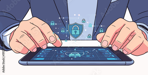 Man using tablet with security symbols on screen during a digital protection activity in an office setting