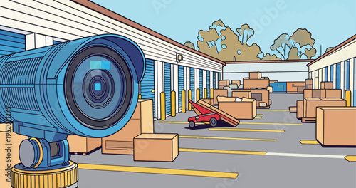 Storage area shows boxes placed in neat rows with a camera monitoring the space during the day