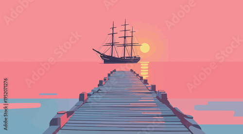 Sunset over the water with a ship in the distance and a wooden pier leading towards the horizon