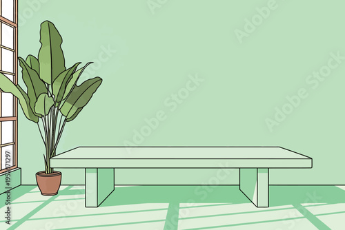 Green room with a large table and a plant in a pot during daylight hours