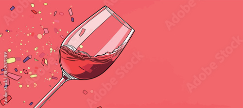 Celebration with a glass of red wine and colorful confetti in a festive setting during an event