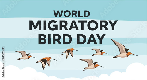 Flock of migratory birds flying over clouds in sunny daytime for World Migratory Bird Day awareness