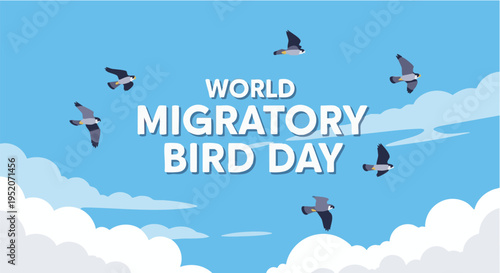 World Migratory Bird Day illustration with flying birds in blue sky and white clouds in flat colorful style for environmental awareness