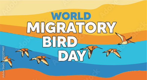 Migratory birds flying over ocean waves in colorful illustration with vibrant sunny lighting for World Migratory Bird Day awareness campaign