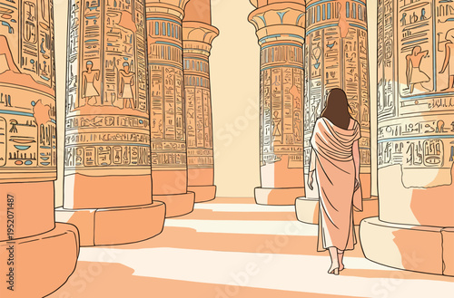 Walking among ancient columns in a temple with hieroglyphics at sunset in Egypt