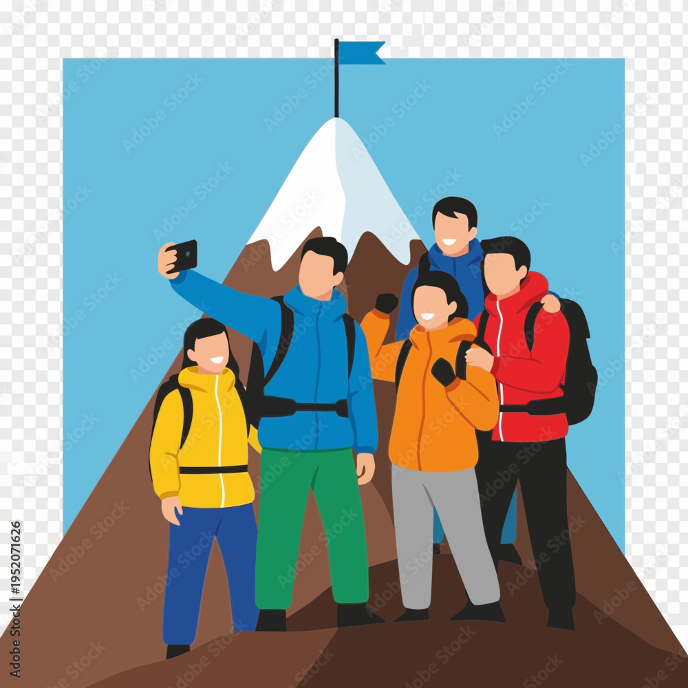 Fototapeta premium Group of people on mountain summit taking a selfie.