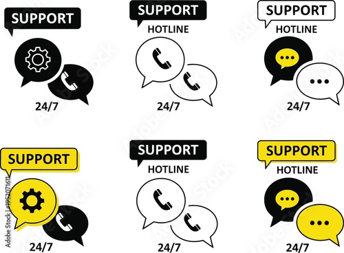 Vector graphic icons collection representing twenty four seven customer support services