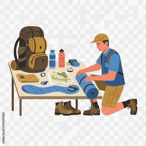 Person packing gear for outdoor adventure on a table.