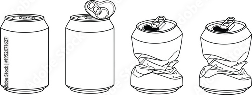 Beverage can lifecycle stages illustration showing crushing progression vector design