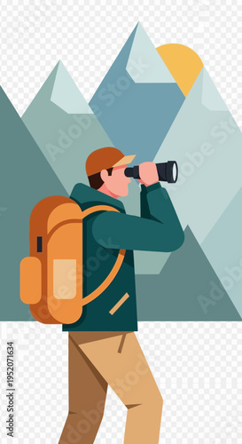 Hiker with backpack observes mountains through binoculars.