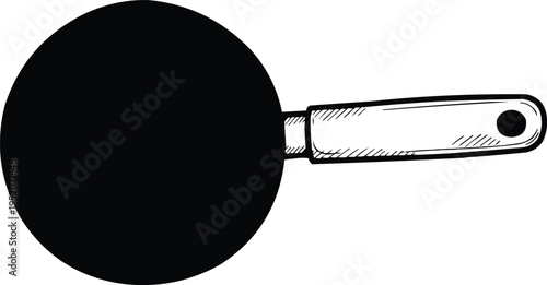 the image features a black frying pan with a smooth non-stick surface and a silver or light-colored handle. The detailed line work on the handle adds texture and realism to the vector-style 