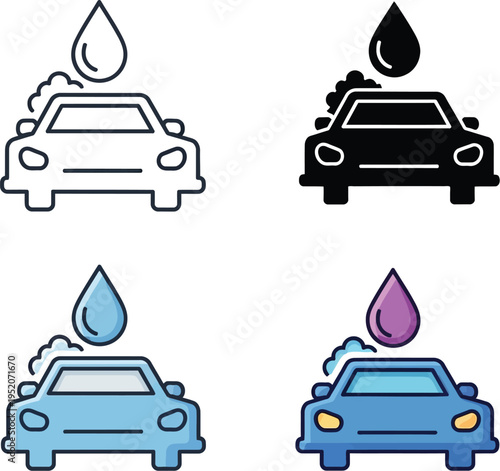Set of four car wash icons illustrating vehicle cleaning and maintenance