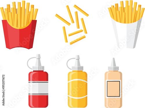 Vector graphic illustration set of french fries and dipping sauces