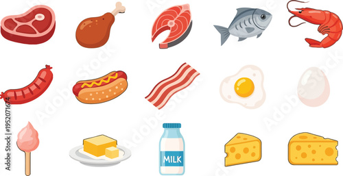 Diverse flat design vector food graphic collection of meal ingredients