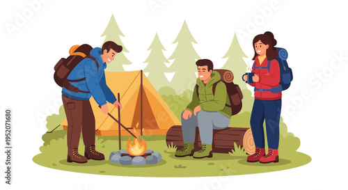 People camping around a campfire in a forest.