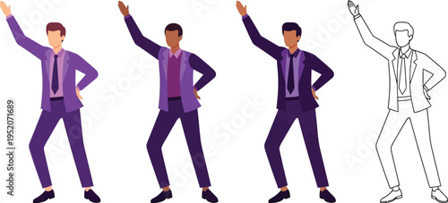Diverse businessmen celebrate success with dynamic victory dance poses