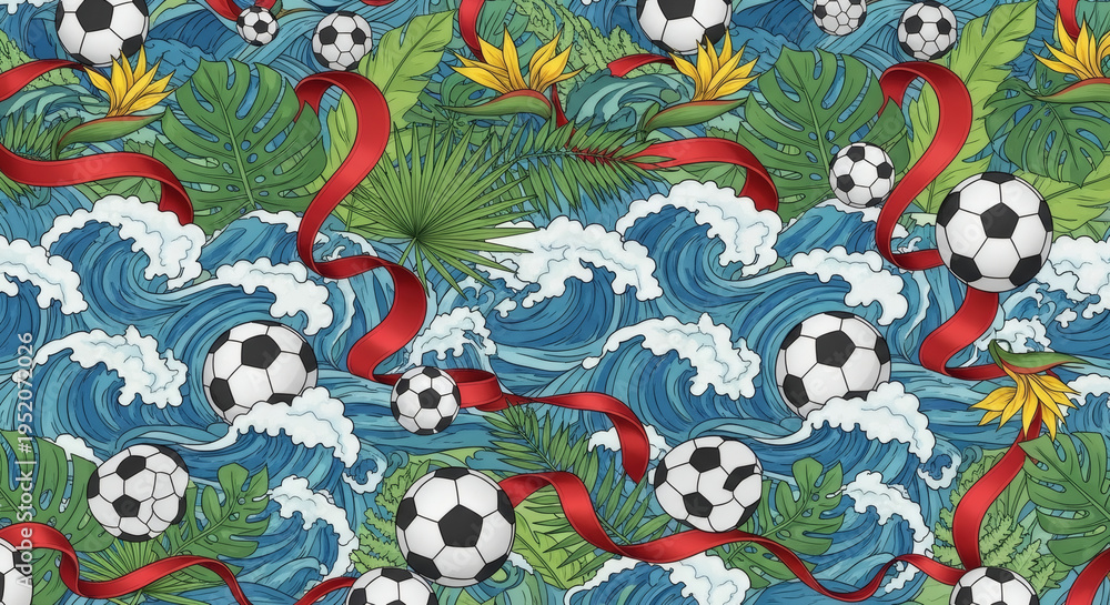 Obraz premium Vibrant Soccer Ball Pattern with Tropical Waves and Ribbons