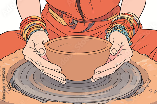 Person shapes clay bowl on pottery wheel in art studio during daytime