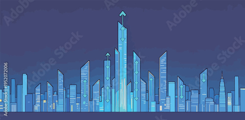 City skyline with tall buildings and arrows showing growth, representing progress and development in urban areas