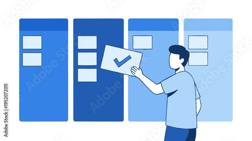 Man using kanban board for project management with blue sticky notes and checkmark