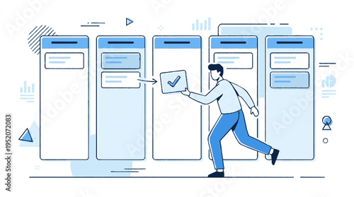Man in motion with kanban board for project management and workflow optimization
