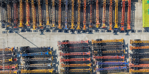 Fotografie Aerial view of colorful truck chassis in industrial yard