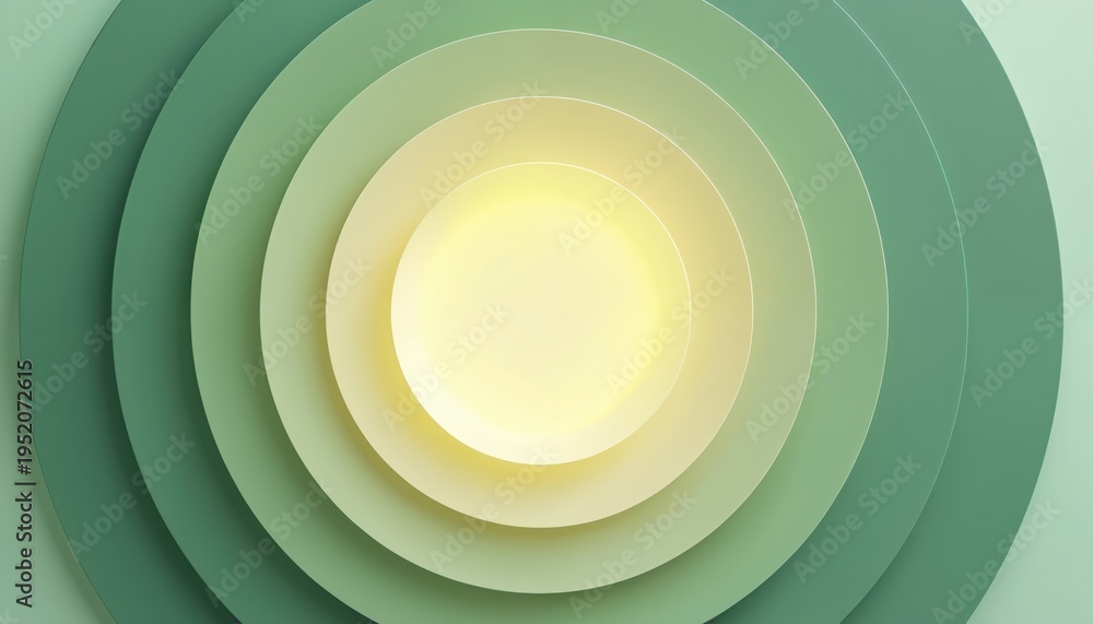 Obraz premium Concentric circles in smooth gradient green and yellow shades. Abstract modern pattern creates calming visual effect. Use as background template for design.