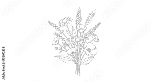 Bouquet of wheat and wildflowers drawing.
