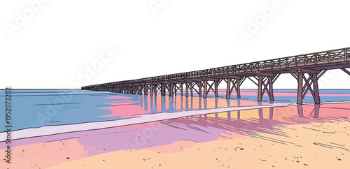 Sunset at a beach with a long pier stretching into the water and soft colors reflecting on the sand and waves