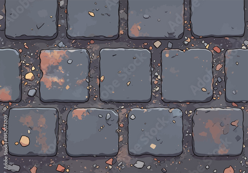 Cobblestone path with dirt and debris showing wear from use during a sunny day in a public area